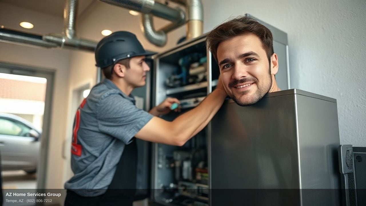 Licensed HVAC technician performing professional furnace repair diagnostics on residential heating system in Tempe Arizona